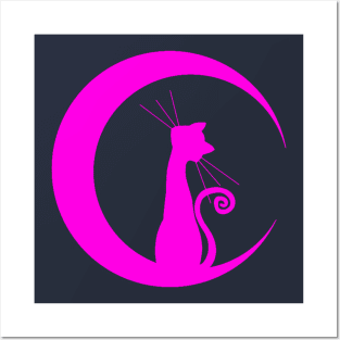 pink moon cat Posters and Art